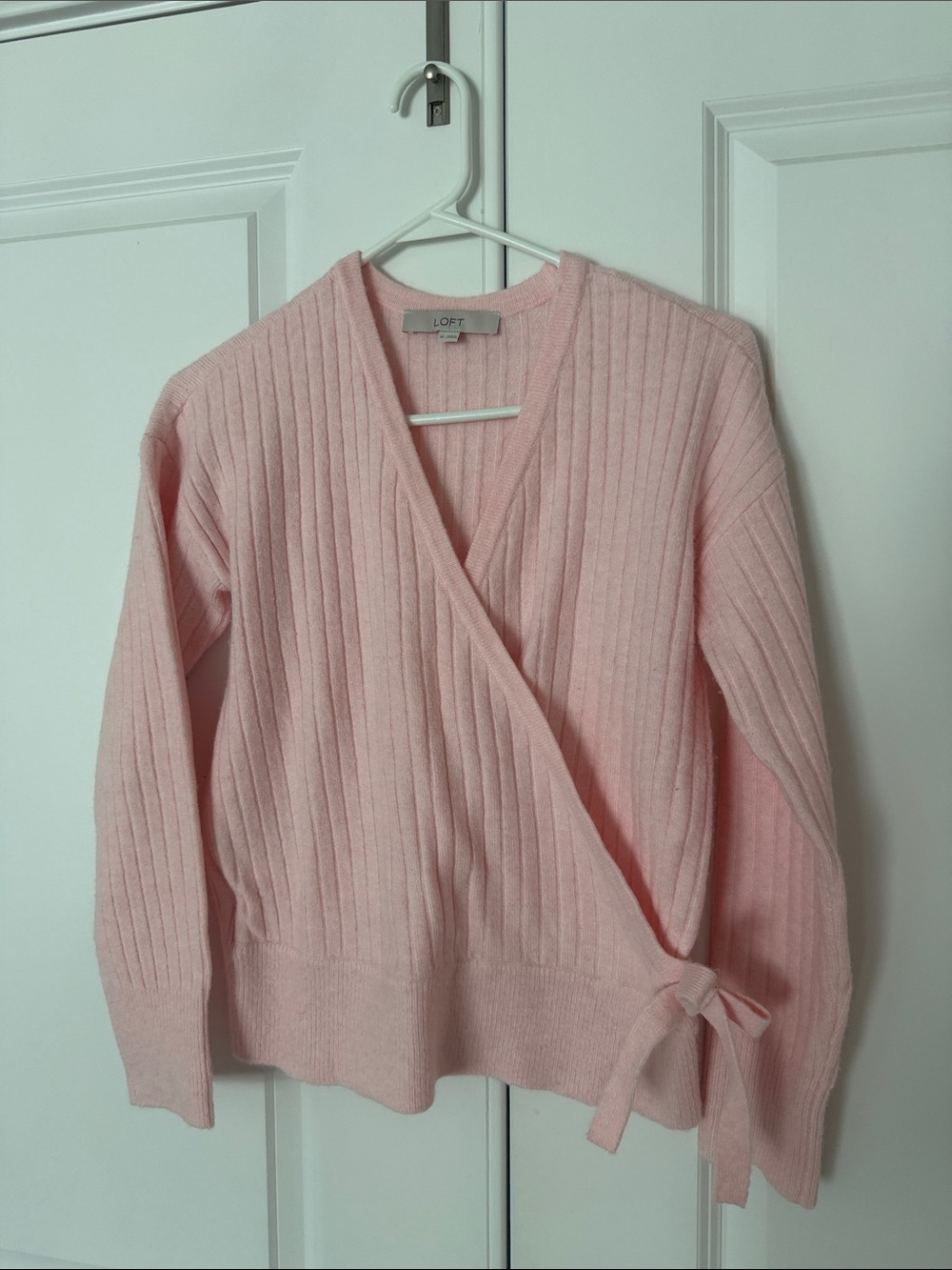 LOFT Light Pink Ribbed Wrap V-Neck Sweater with Side Tie